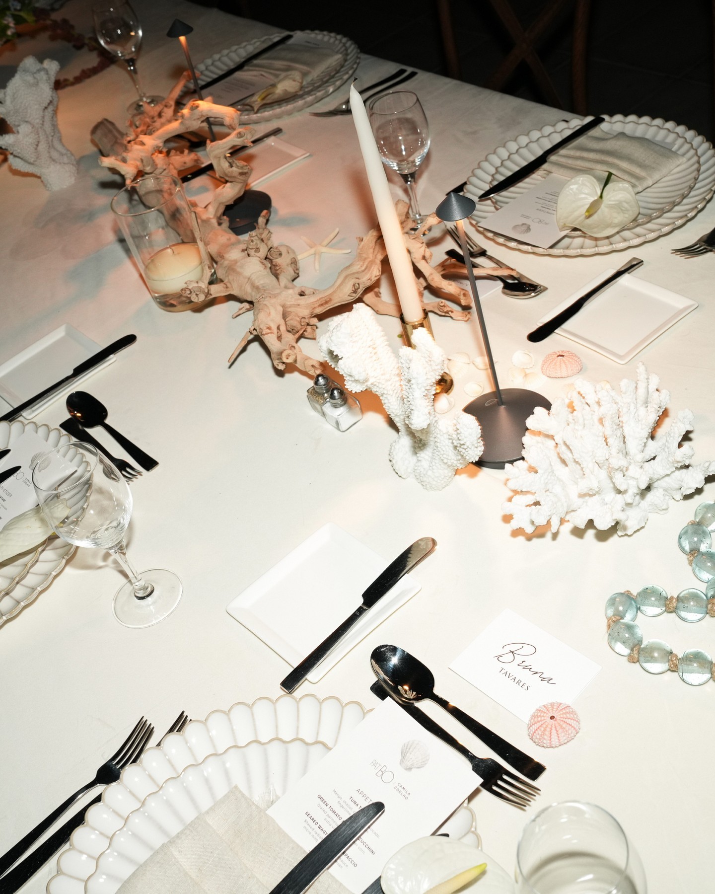 The dinner tablescape: coral, driftwood, shells and calligraphed place cards