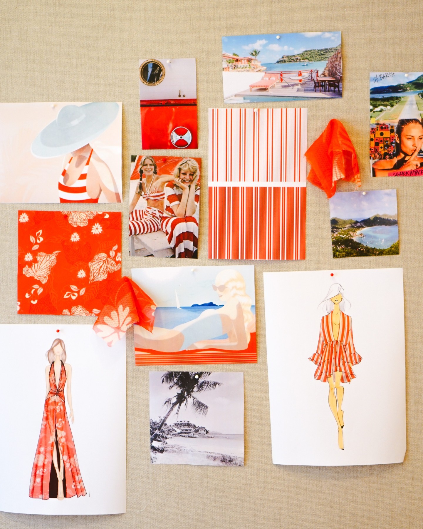 The capsule moodboard: prints, stripes, sketches and St Barths references pinned to a board