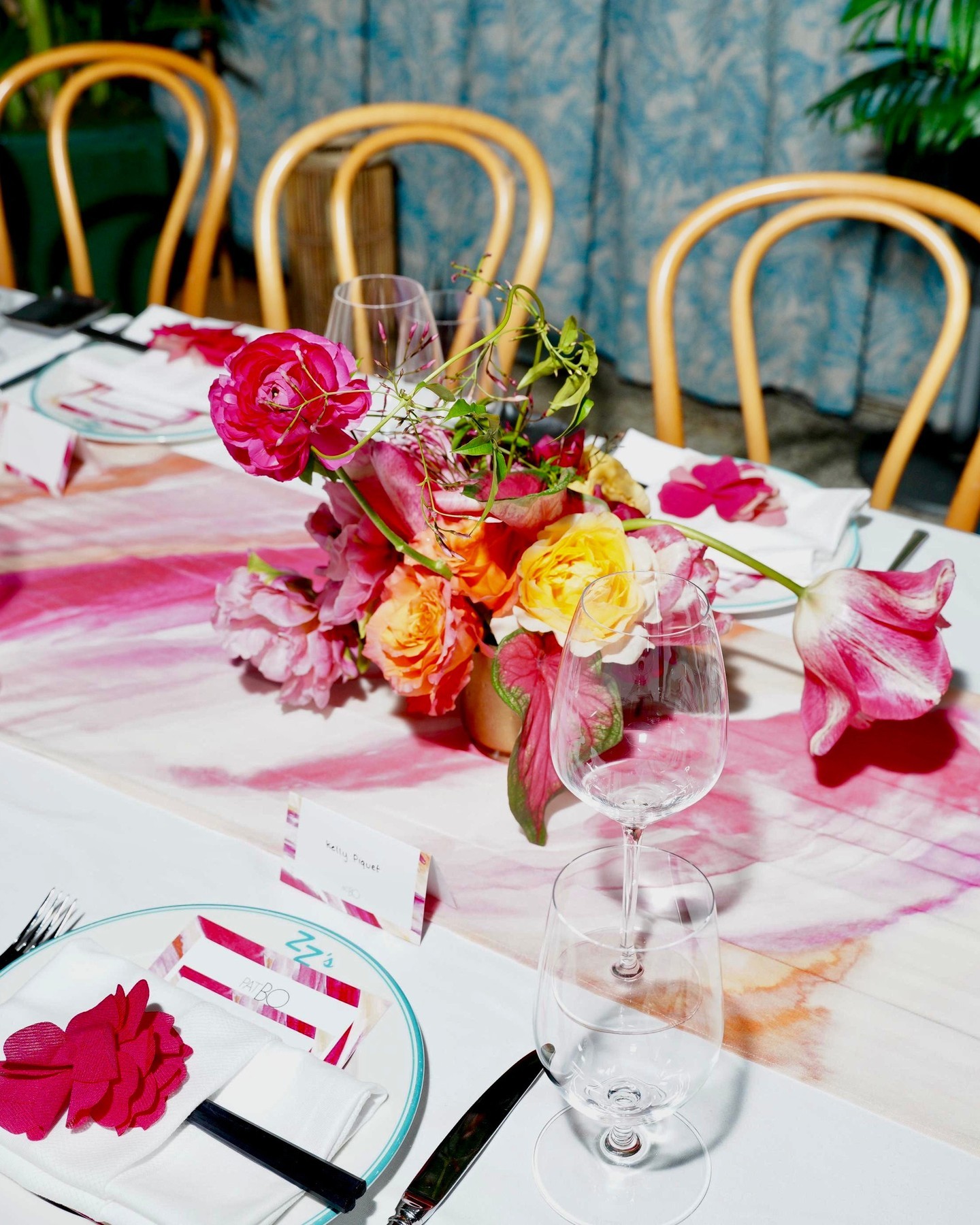Place setting with Kelly Piquet’s place card and hand-dyed runner