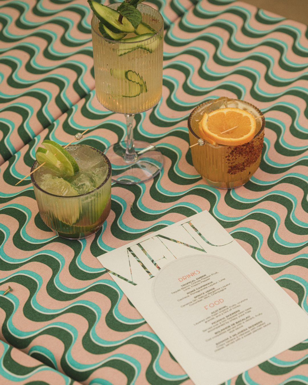 Cocktails and the menu on the custom PatBO print