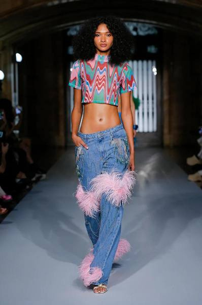 PatBO runway look with pink feather details
