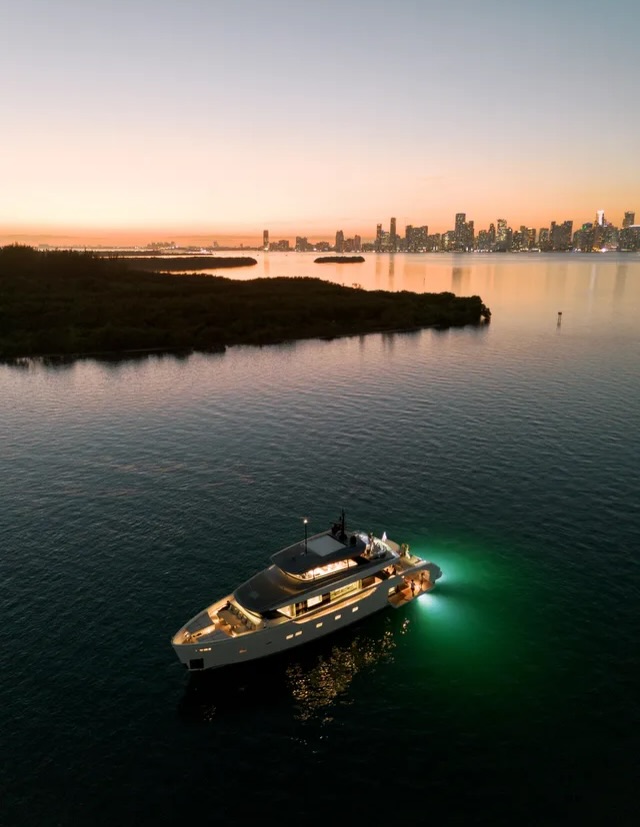 The Sanlorenzo yacht at dusk, Vogue100 × PatBO