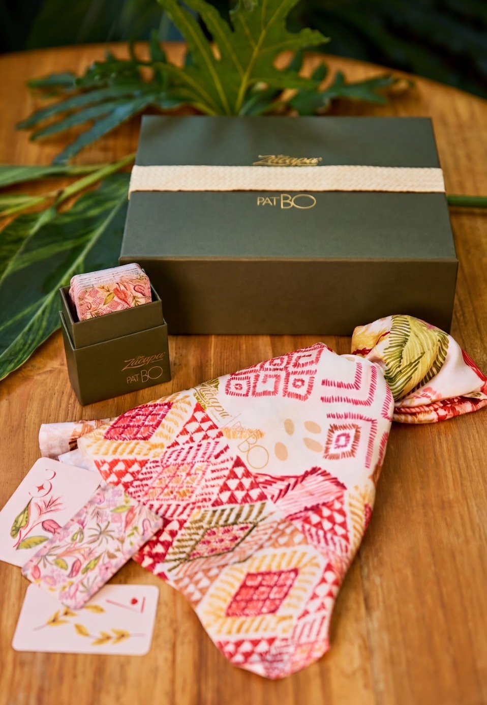 Silk scarf, playing cards and coasters from the kit